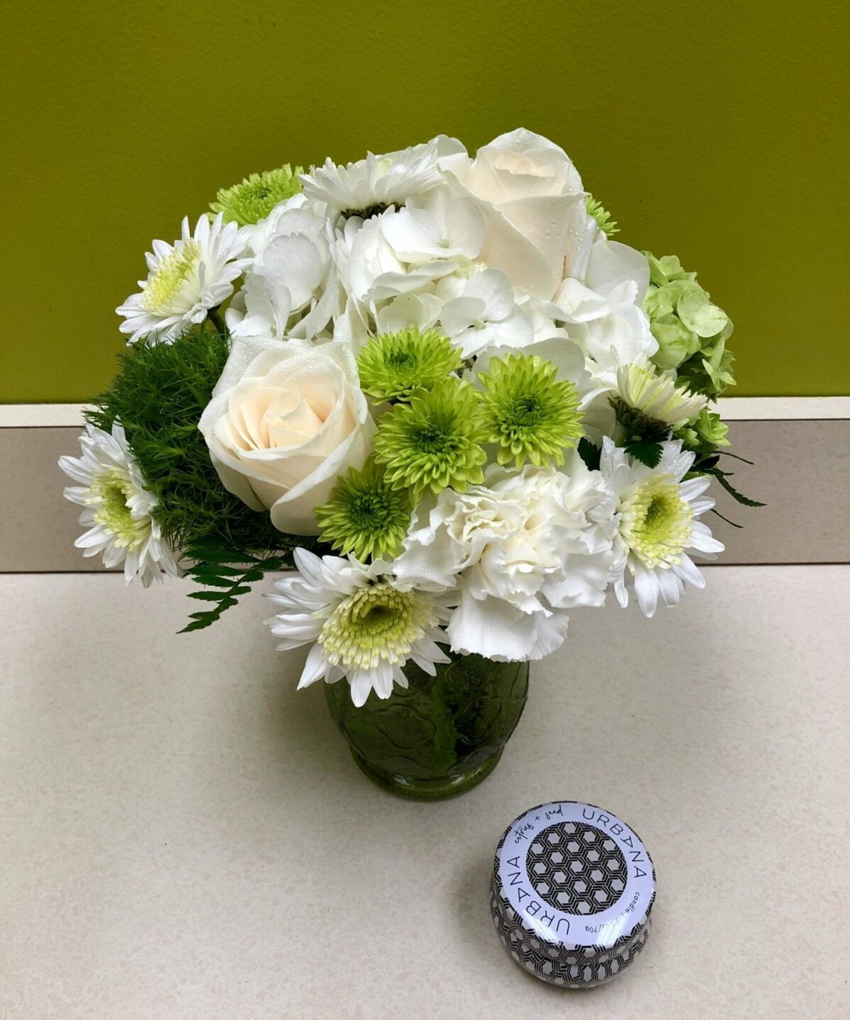 White Ivory & Lime Green Floral Arrangement w/ Citrus Candle - Bergen County, NJ