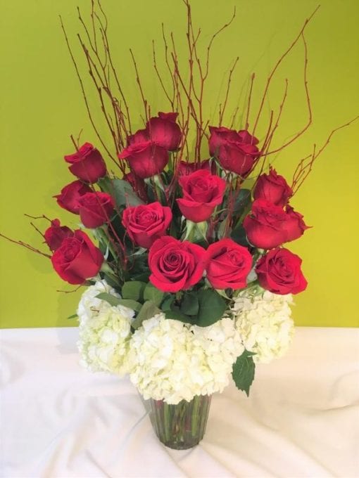 Red roses and hydrangea floral arrangement - Bergen County, NJ