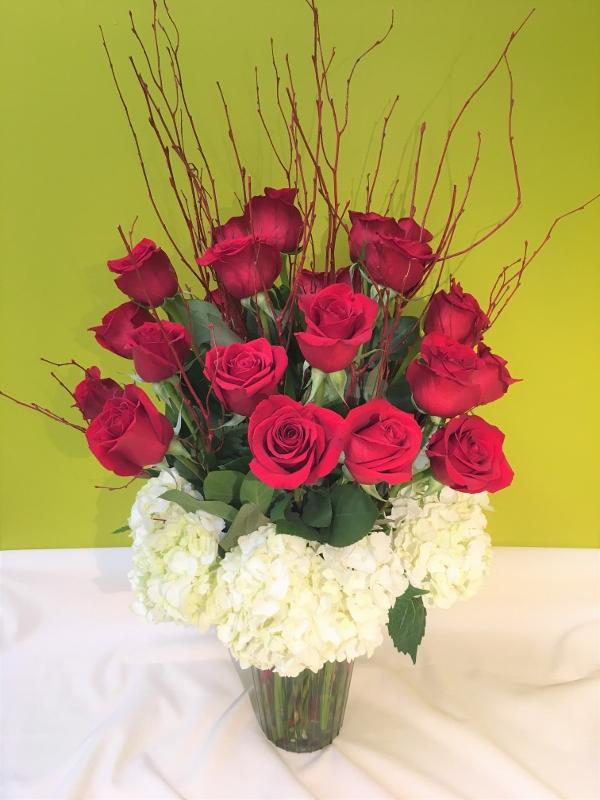 Red roses and hydrangea floral arrangement - Bergen County, NJ